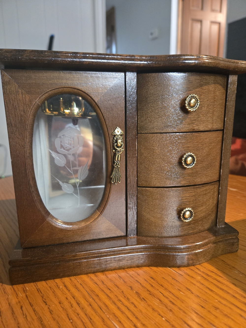 Wooden Jewelry Box with Etched Glass and Brass Accents - Dark Brown
